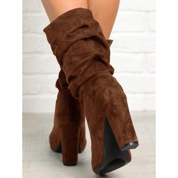 Women's Coffee Suede Mid Calf High Slouchy Chunky Heel Block Pointed Toe Boots - Picture 5 of 8